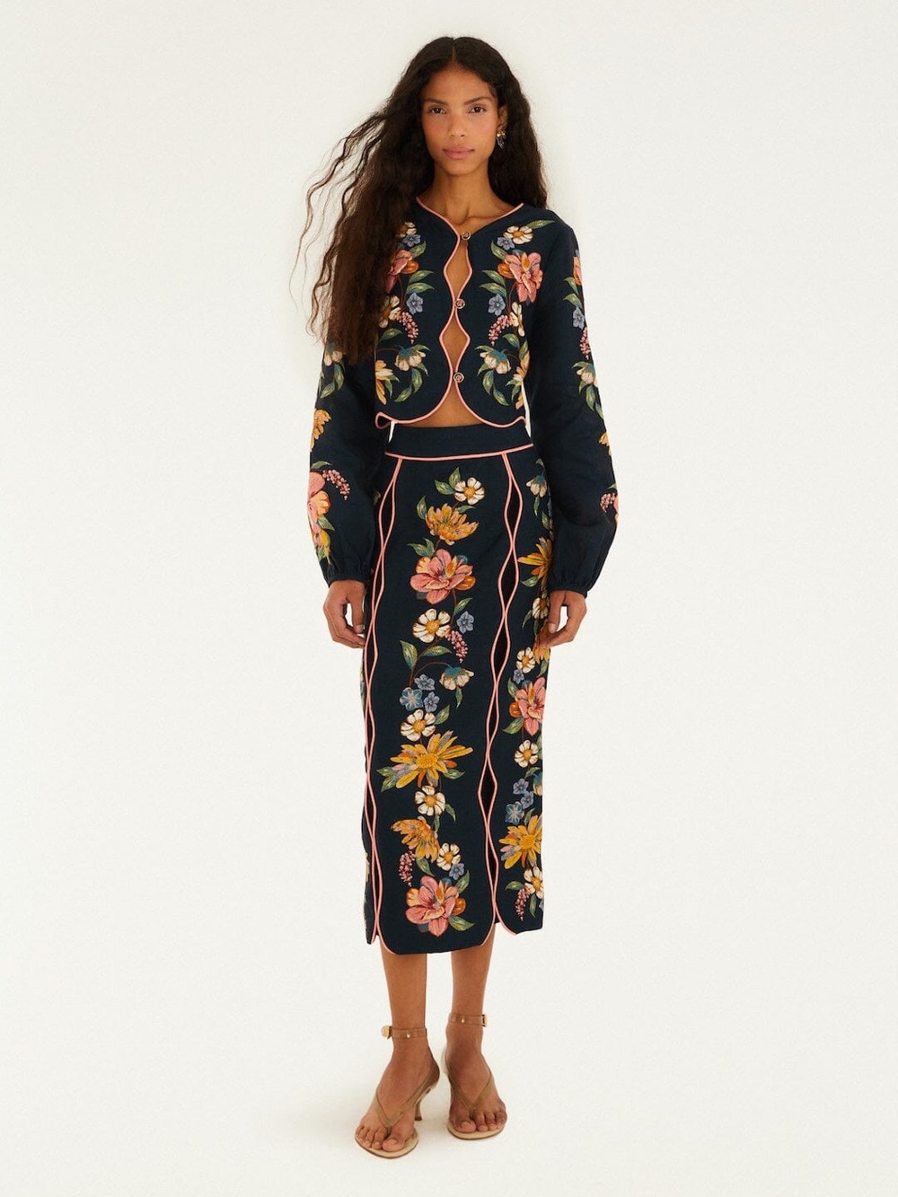 Farm Rio Dark Blue Maira Floral Midi Skirt